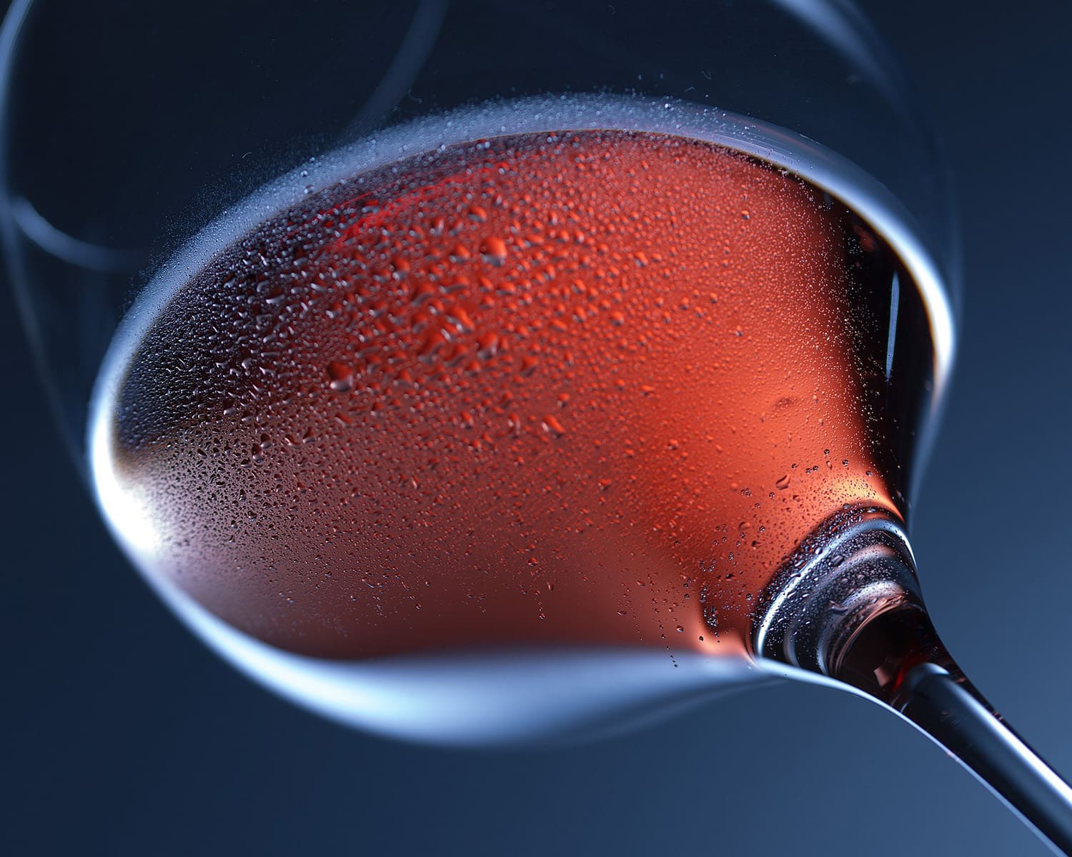 Gros plan d'un verre de vin rouge avec des gouttelettes.