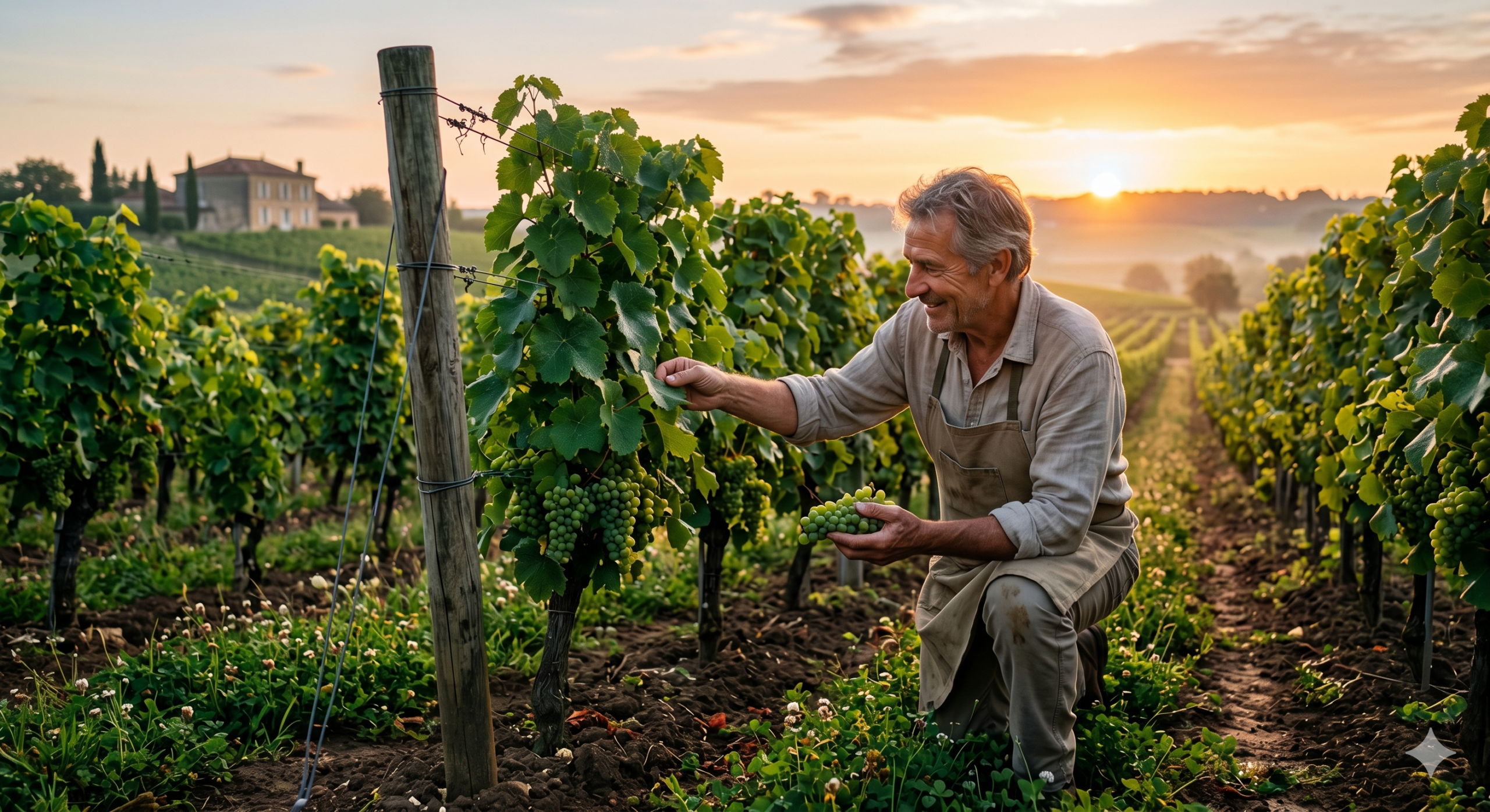 Vigneron passionné inspectant ses vignes dans le respect du savoir-faire ancestral
