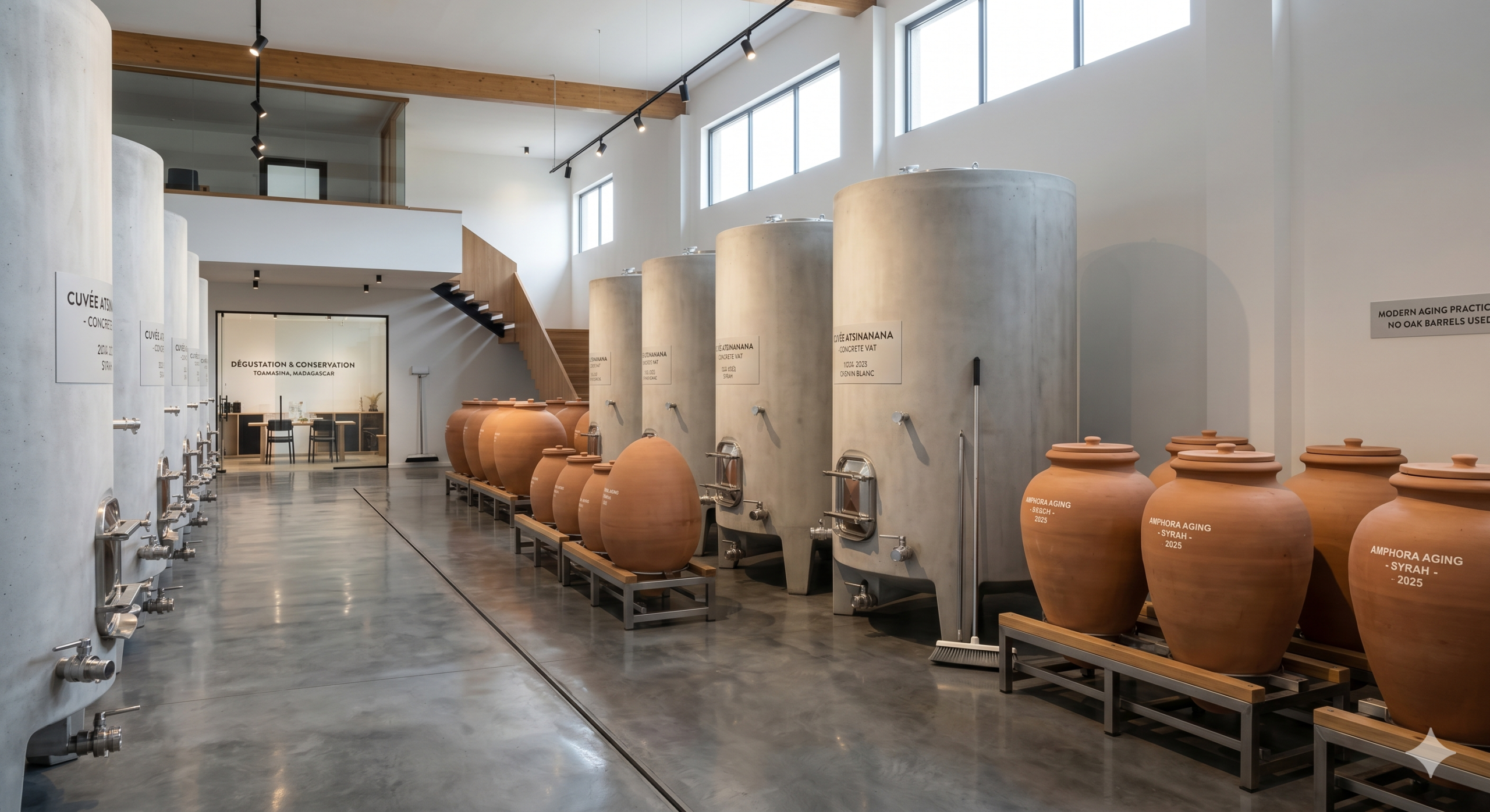 Élevage du vin en cuve béton et jarre en terre cuite sans bois