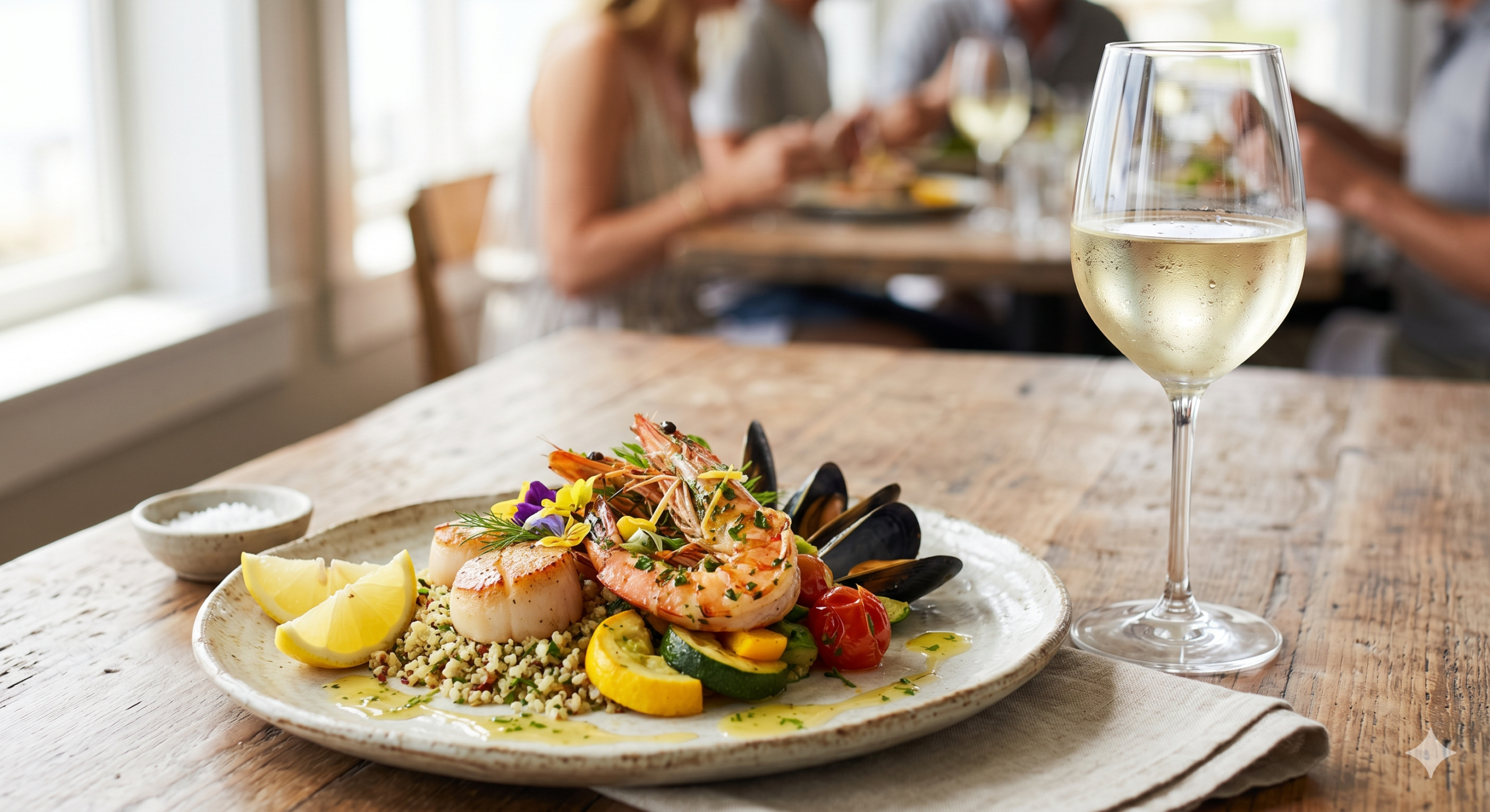 Accord mets et vins blanc avec un plat de fruits de mer et poisson